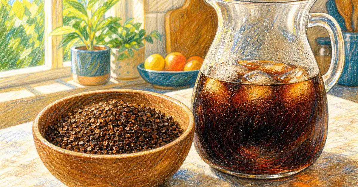 Extra-coarse ground coffee in a wooden bowl next to a glass cold brew carafe — showing ideal grind texture for cold brew