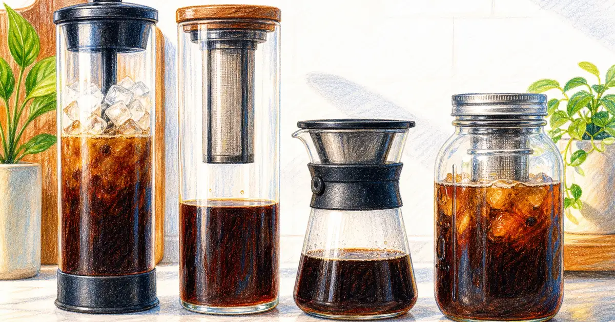 Various cold brew coffee makers on a kitchen counter — glass immersion brewers, compact Japanese carafe, and wide-mouth mason jar brewer