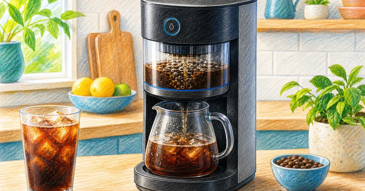 Compact electric rapid cold brew coffee maker on a kitchen countertop — makes cold brew coffee in minutes