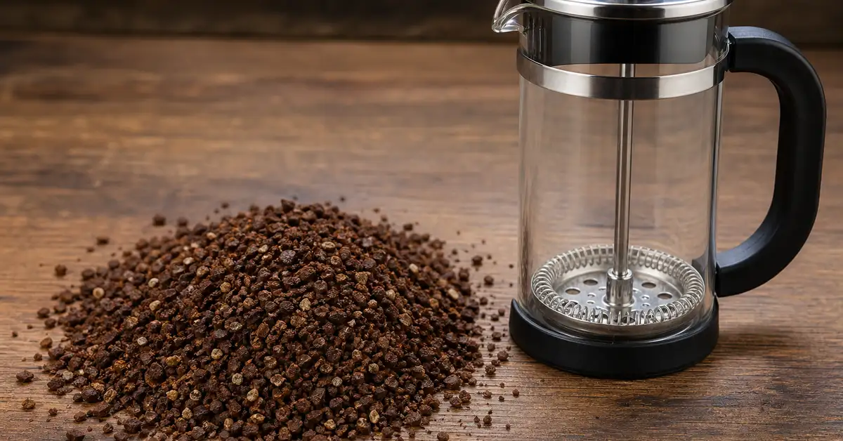 Coarsely ground coffee beans next to a glass French press — showing correct sea-salt texture grind size