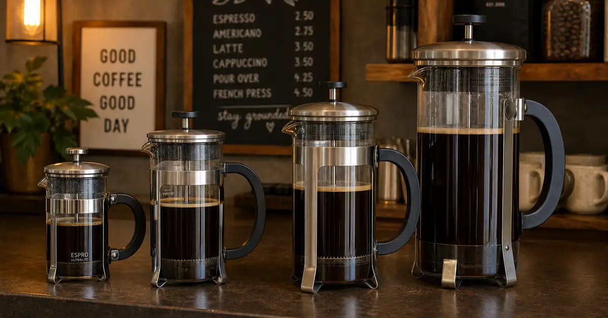 Several French press coffee makers arranged on a countertop — glass and stainless steel models compared