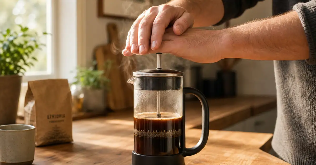 Hands pressing the plunger on a glass French press with steam rising from freshly brewed coffee
