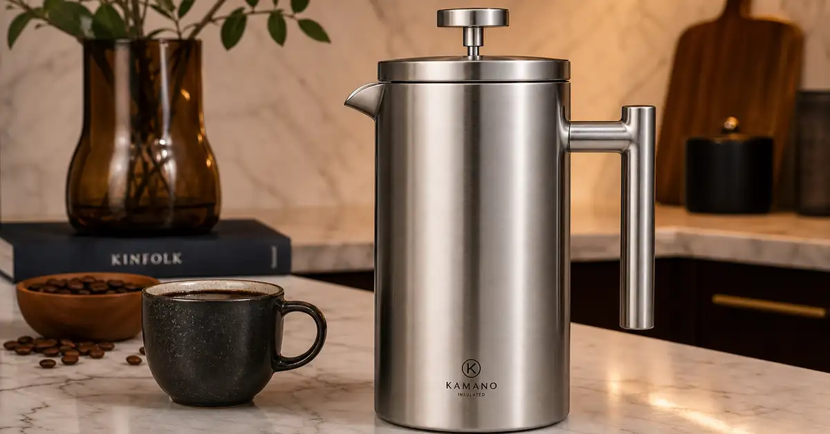 Premium insulated stainless steel French press on a marble counter