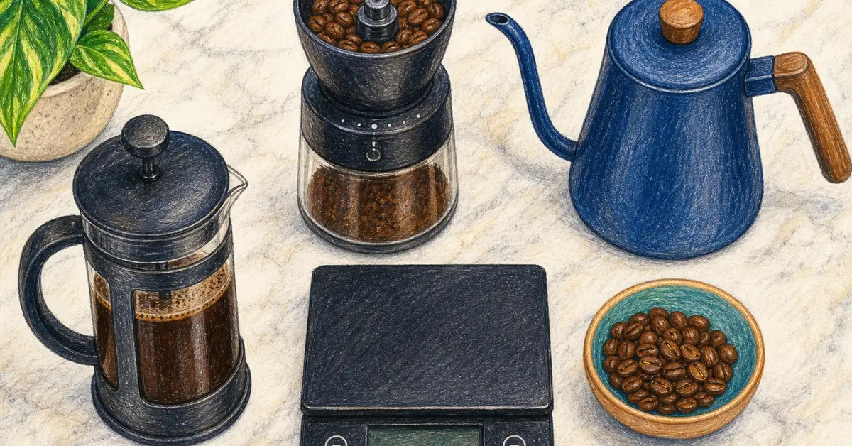 French press brewing equipment: French press carafe, burr grinder, gooseneck kettle, and digital scale