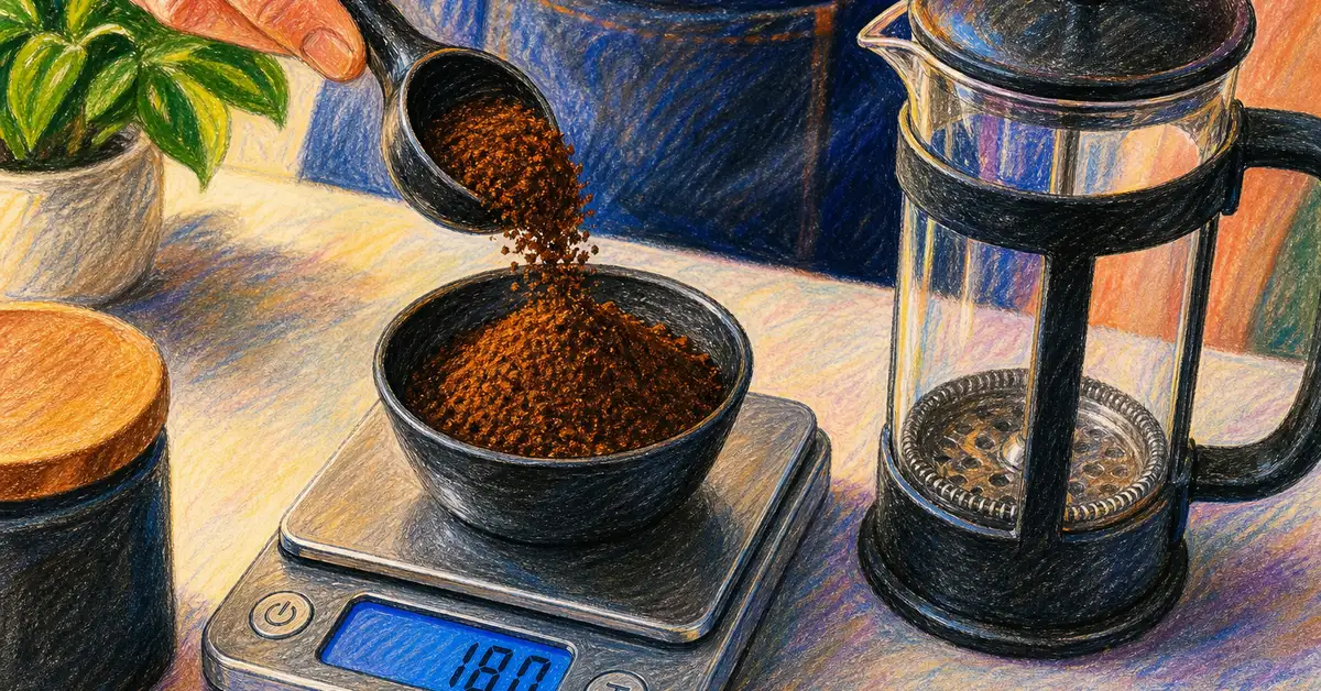 Ground coffee being weighed on a digital scale beside a French press for accurate coffee-to-water ratio