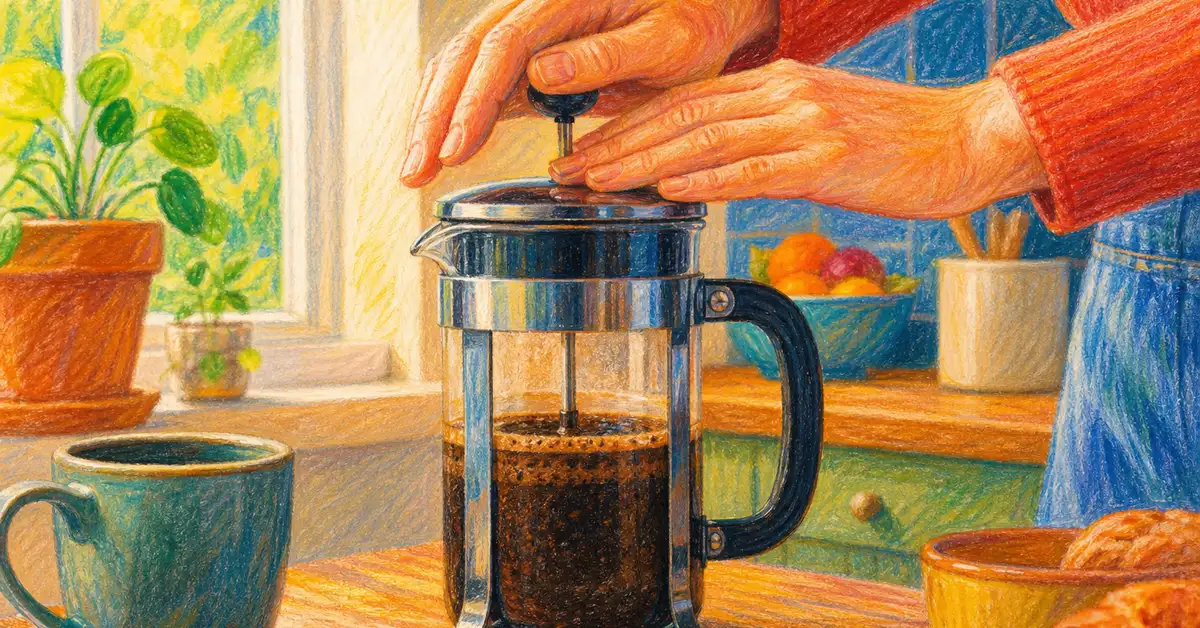 Hands pressing the plunger of a glass French press coffee maker